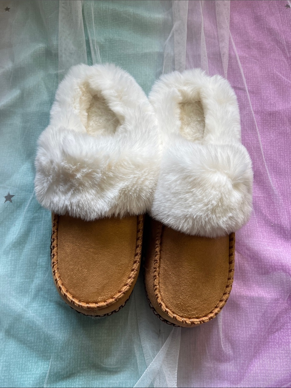 Women's Cream Faux-Fur Lined Tan Suede Slipper Mules